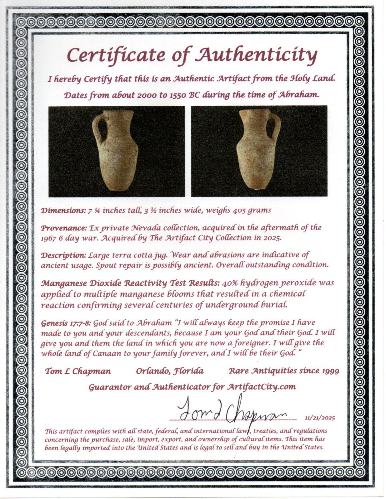 Time of Abraham Holy Land Artifact Ancient 4000 Year Old Jug 2000-1550 BC COA 59