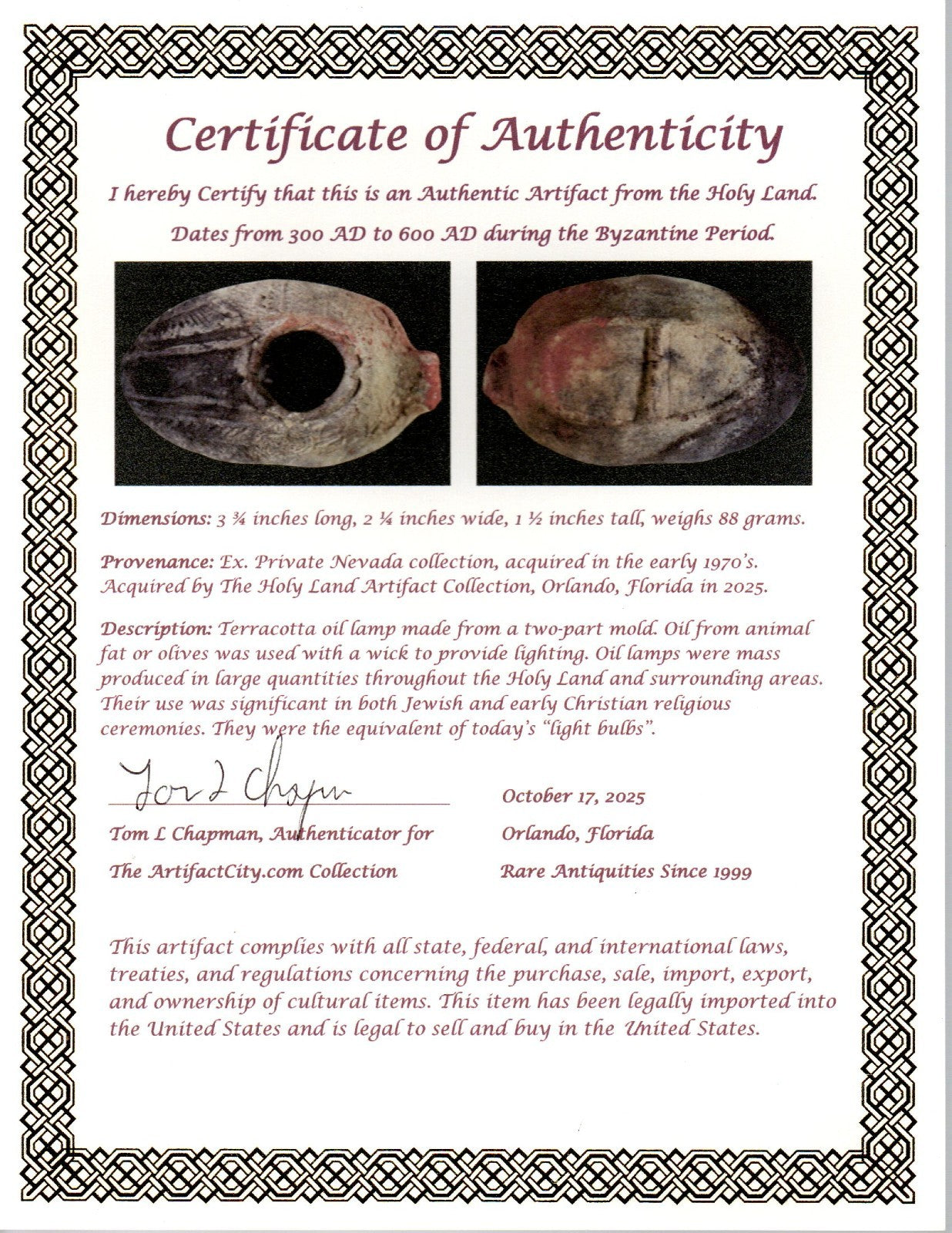 Ancient Holy Land Oil Lamp Artifact A Hidden Christian Cross 300-600AD COA 134