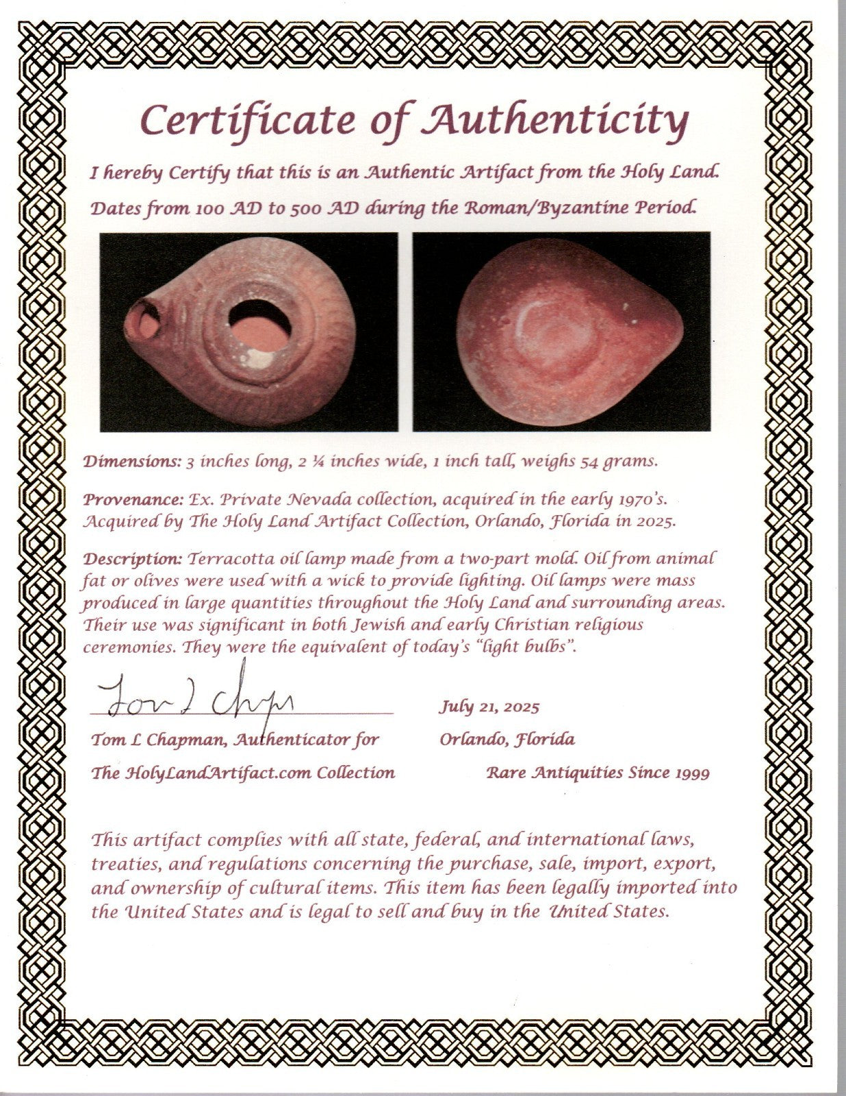 Ancient Holy Land Oil Lamp Artifact From Jesus Christ Home Land 100-500AD COA 58