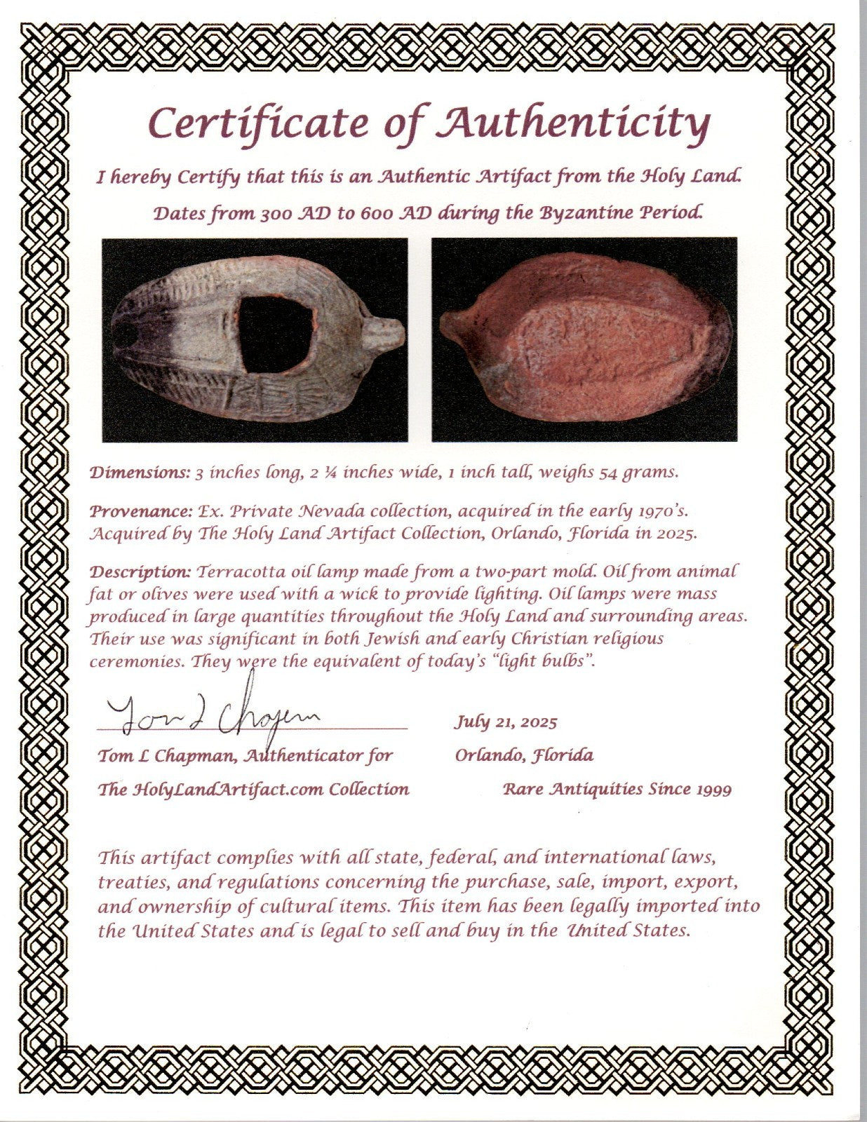 Oil Lamp Holy Land Ancient Artifact Jesus Christ Home Israel 300-600 AD COA 109