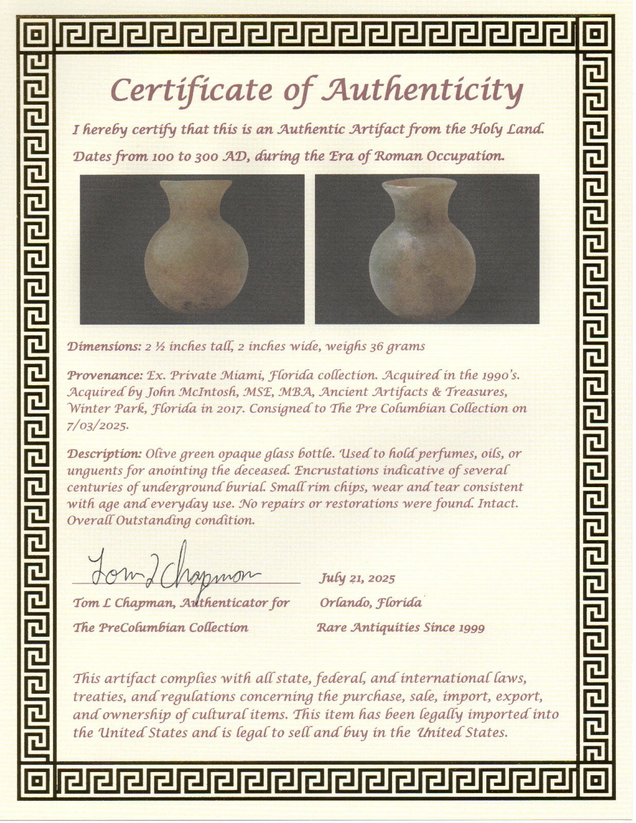 Holy Land Artifact Authentic Ancient Glass Bottle 100-300 AD Roman Era COA J17