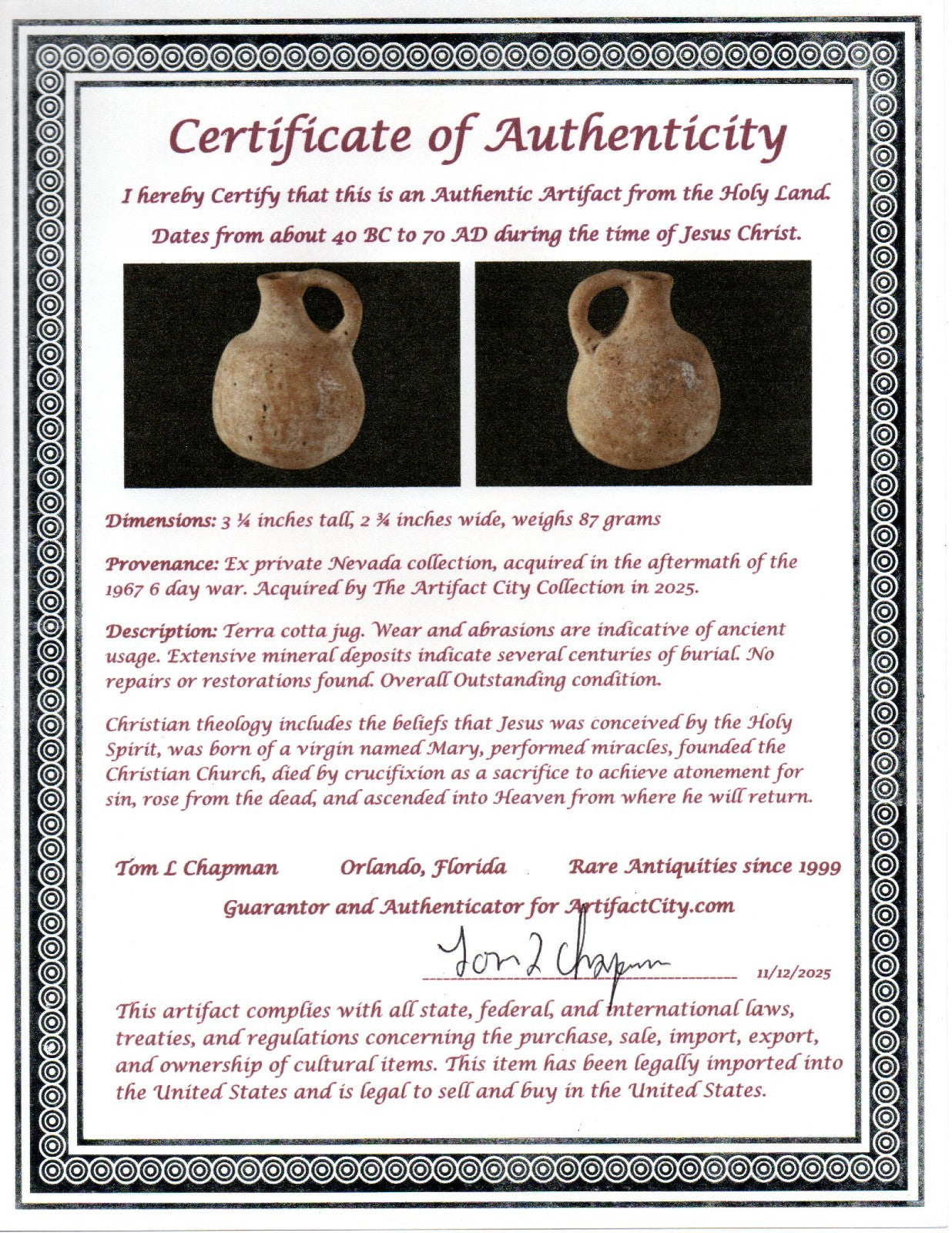 Time of Jesus Christ Ancient Holy Land Artifact Herodian Jug 40BC - 70AD COA 54