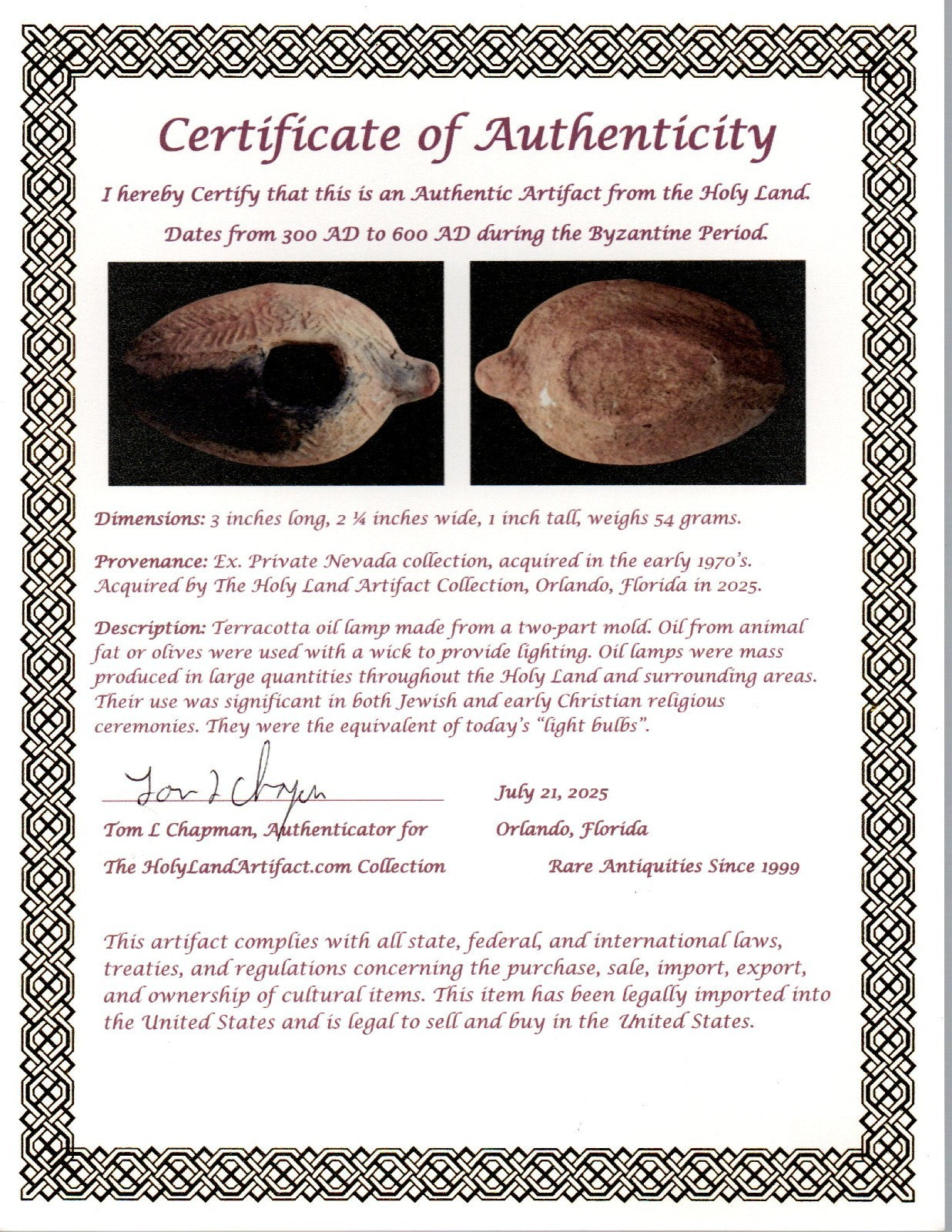 Oil Lamp Holy Land Ancient Artifact Jesus Christ Home Israel 300-600 AD COA 94