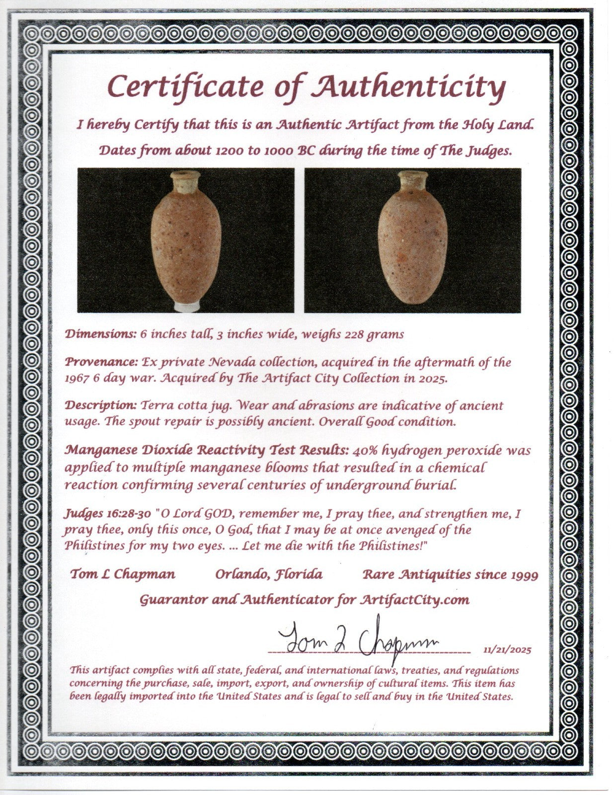 Time of Samson Holy Land Artifact Ancient 3100 Year Old Jug 1200-1000 BC COA 77