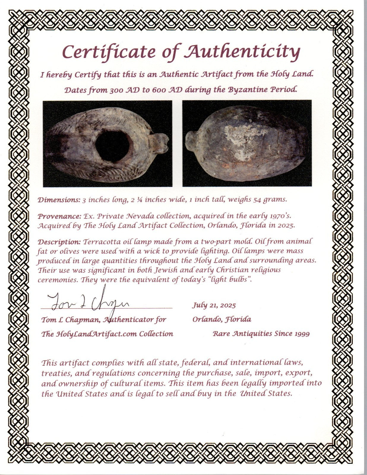 Oil Lamp Holy Land Ancient Artifact Jesus Christ Home Israel 300-600 AD COA 104