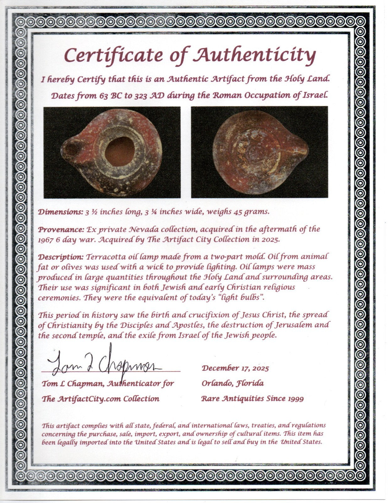 Holy Land Oil Lamp Ancient Artifact Time of Jesus & Apostles 313-636 AD COA 150