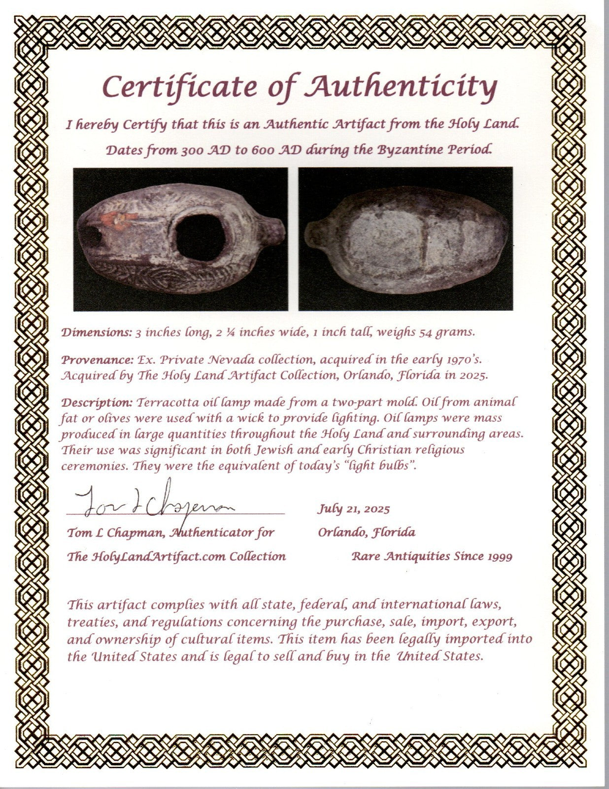 Oil Lamp Holy Land Ancient Artifact Jesus Christ Home Israel 300-600 AD COA 73