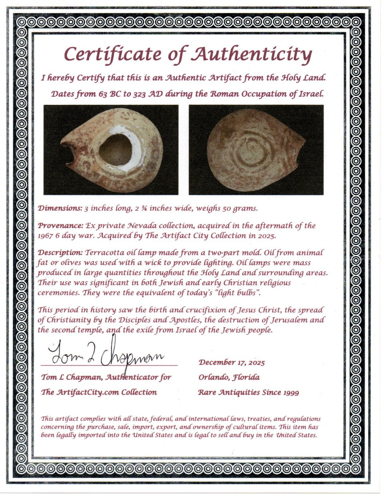 Holy Land Oil Lamp Ancient Artifact Time of Jesus & Apostles 63BC-323AD COA 143