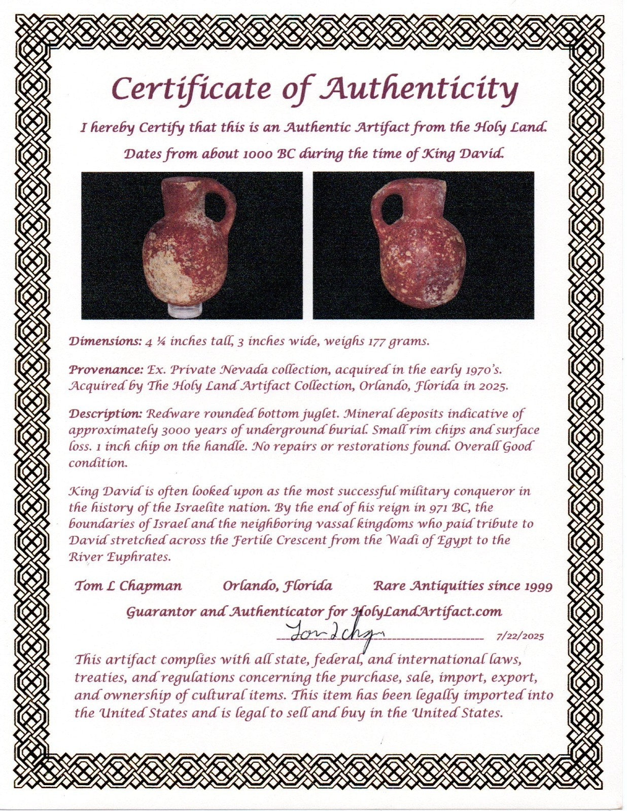 Ancient Holy Land Artifact King David Jug Land of Jesus Christ 1000 BC COA 11