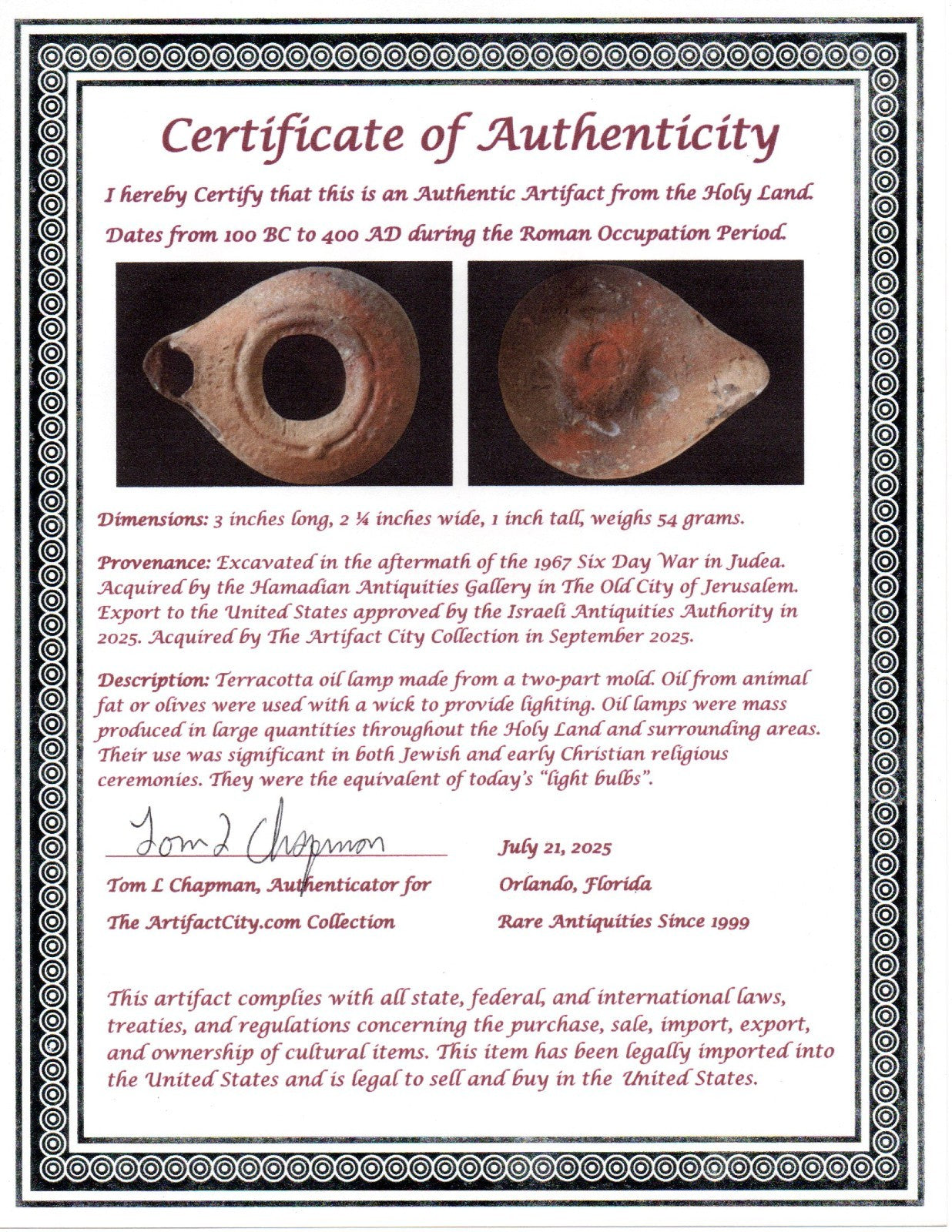 Ancient Holy Land Oil Lamp Artifact Jesus Christ Homeland 100BC-400AD COA 21