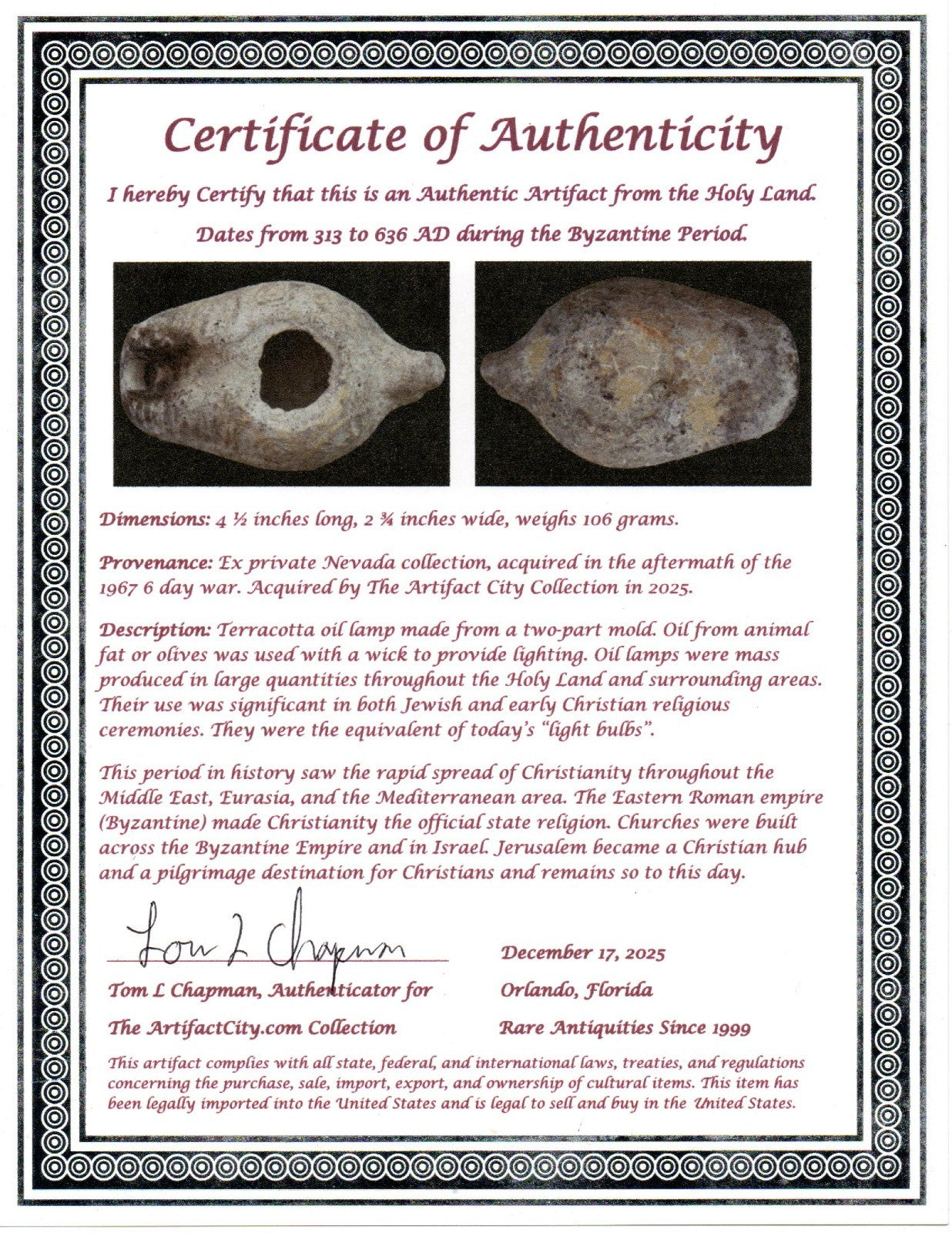 Holy Land Oil Lamp Ancient Artifact Time of the Christians 313-636 AD COA 220