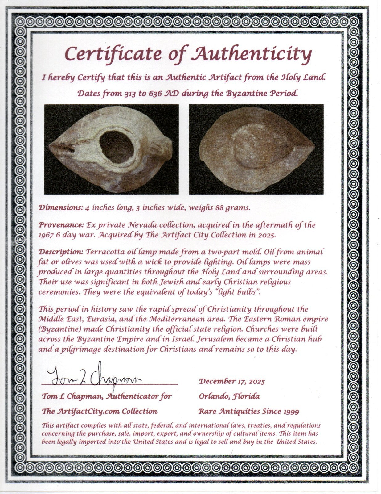 Holy Land Oil Lamp Ancient Artifact Time of the Christians 313-636 AD COA 184