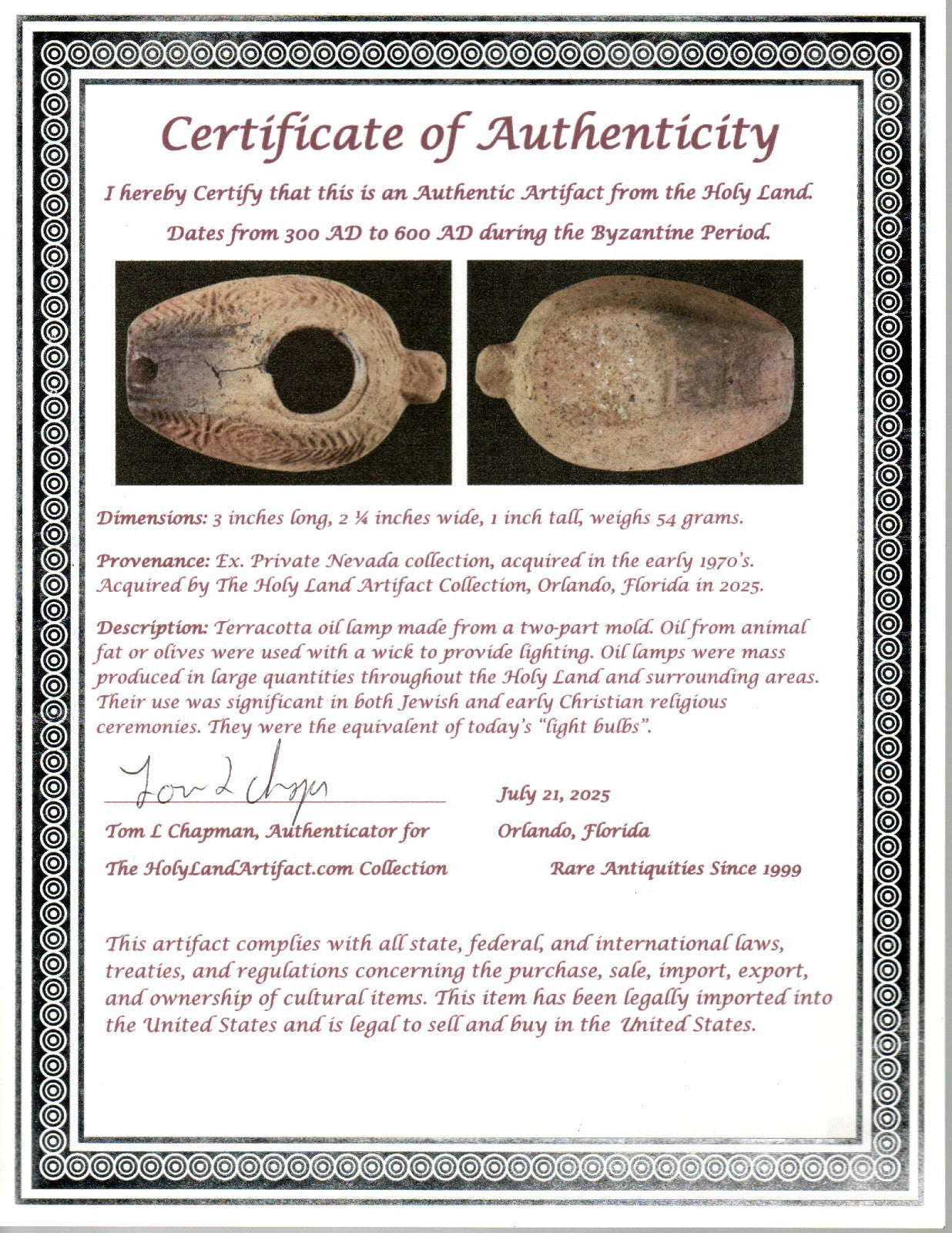 Ancient Holy Land Oil Lamp Artifact 2 Hidden Christian Crosses 300-600 AD COA 79