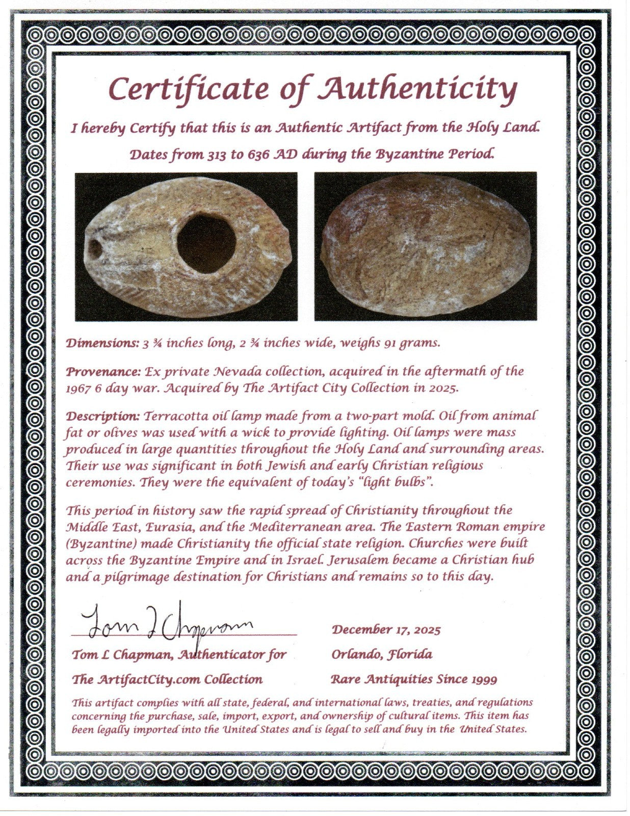 Time of the Christians Oil Lamp Ancient Holy Land Artifact 313-636 AD COA 23