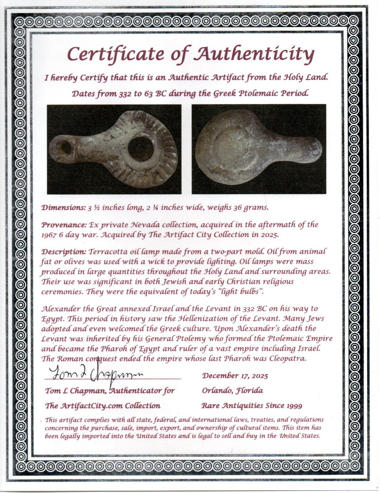Holy Land Oil Lamp Ancient Artifact Alexander the Great Era 332-63 BC COA 227