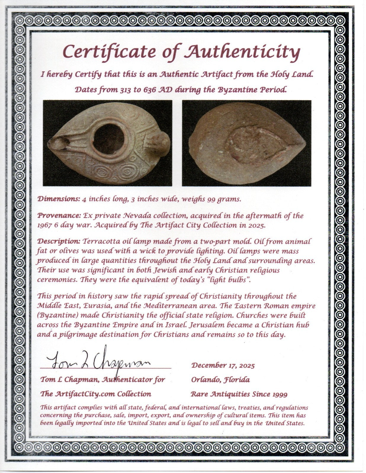 Big High Quality Holy Land Oil Lamp Ancient Artifact Byzantine 313-636 AD COA209