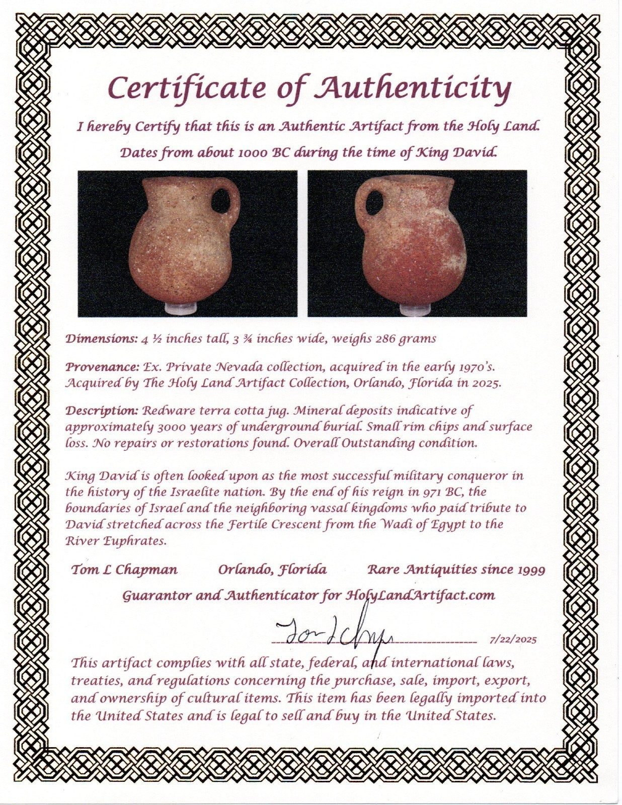 Ancient Holy Land Artifact King David Jug Land of Jesus Christ 1000 BC COA 21
