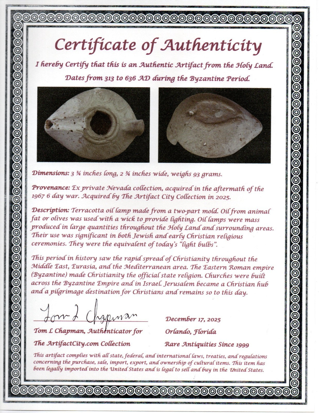 Holy Land Oil Lamp Ancient Artifact Time of the Christians 313-636 AD COA 191