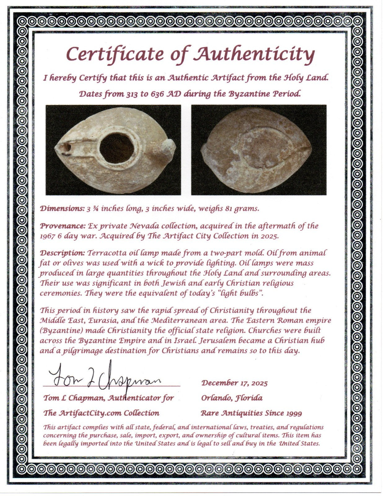 Holy Land Oil Lamp Ancient Artifact Time of the Christians 313-636 AD COA 218