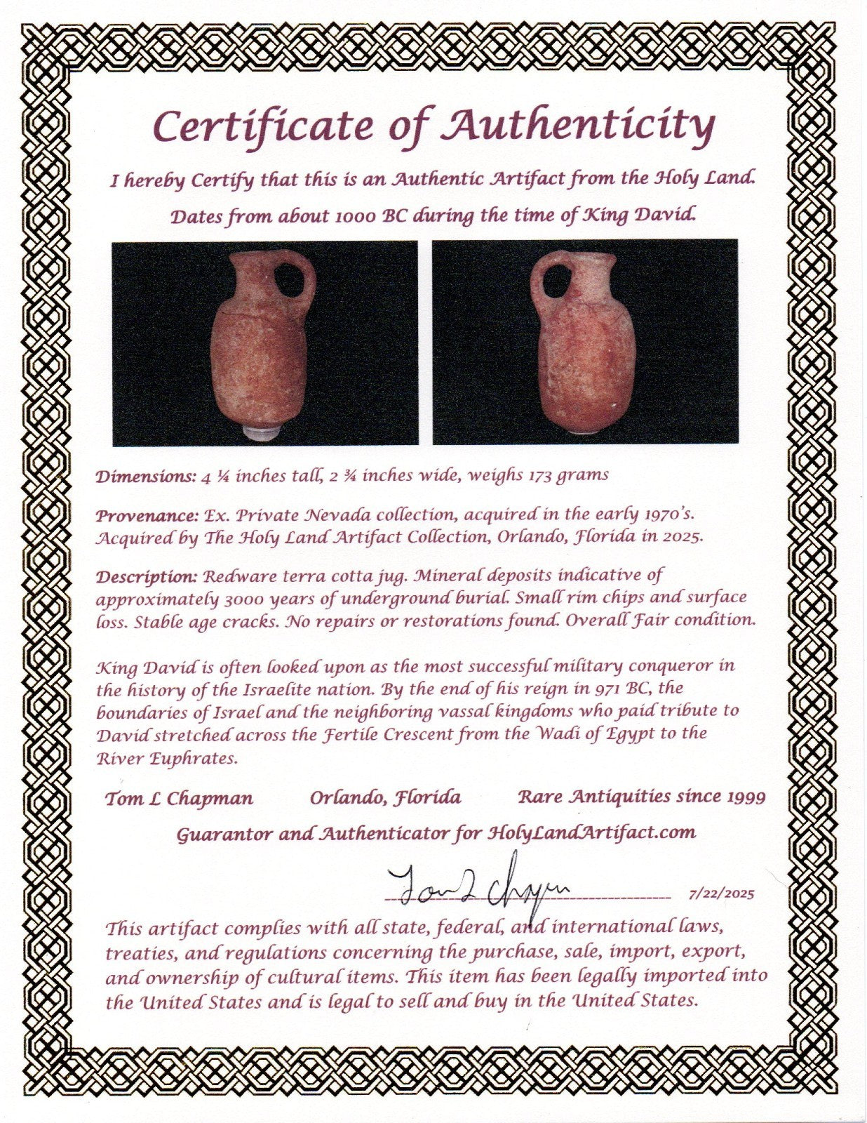 Ancient Holy Land Artifact King David Jug Land of Jesus Christ 1000 BC COA 19