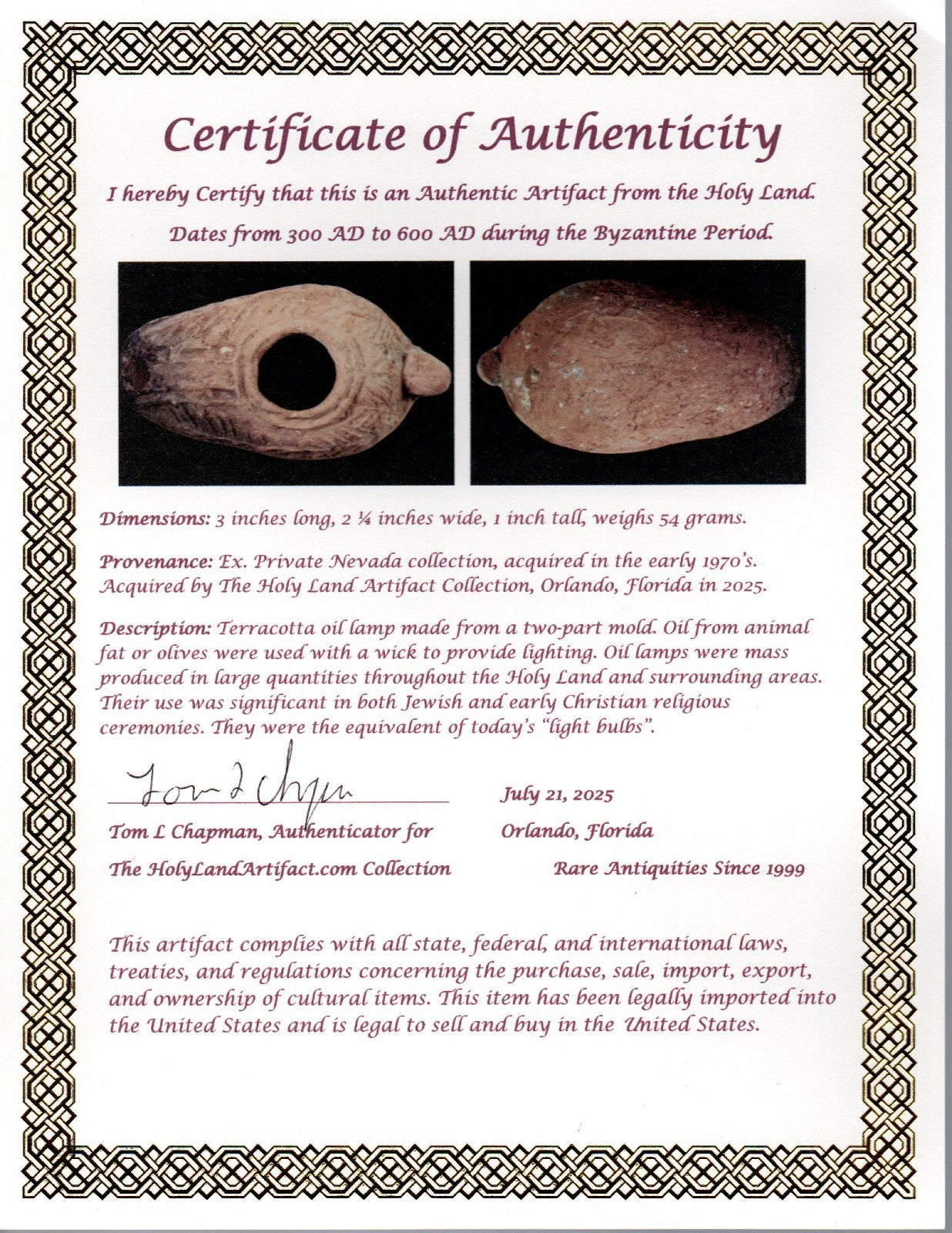 Oil Lamp Holy Land Ancient Artifact Jesus Christ Home Israel 300-600 AD COA 74
