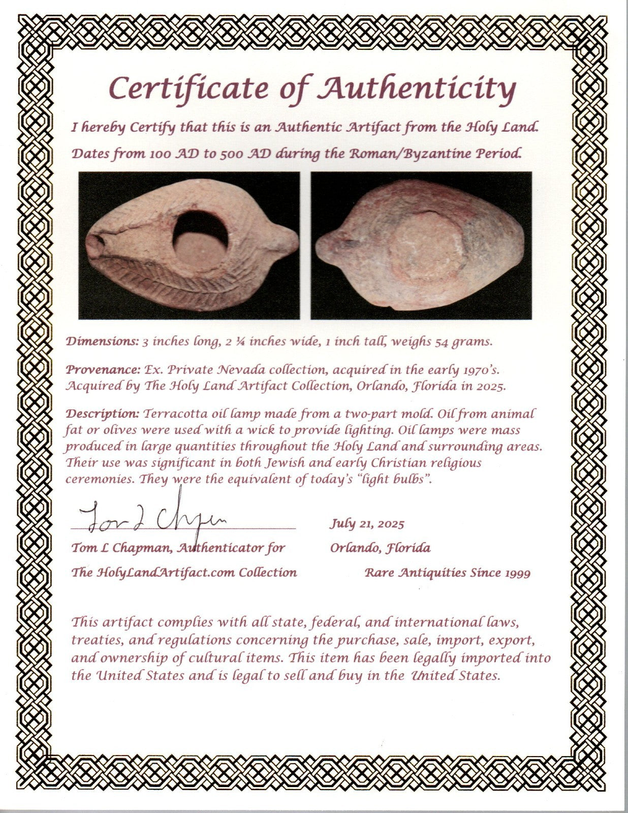 Ancient Holy Land Oil Lamp Artifact From Jesus Christ Home Land 100-500AD COA 54
