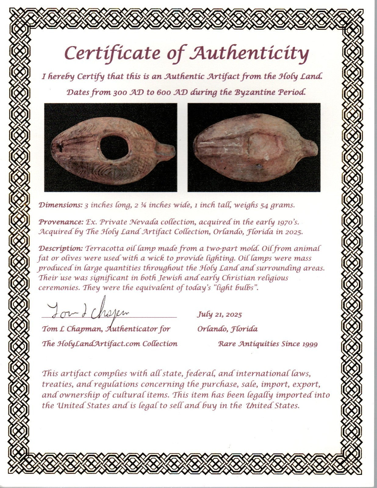 Oil Lamp Holy Land Ancient Artifact Jesus Christ Home Israel 300-600 AD COA 83