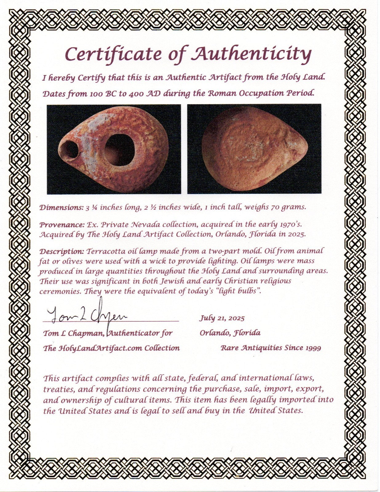 Ancient Holy Land Oil Lamp Artifact Jesus Christ Homeland 100BC-400AD COA 16