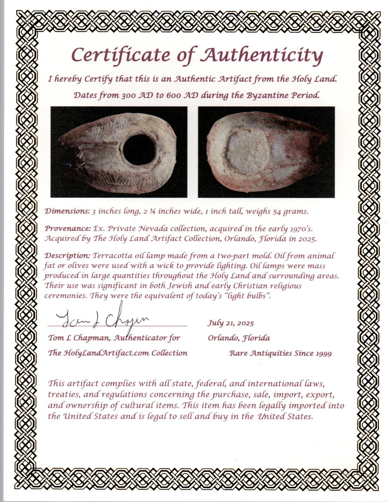 Oil Lamp Holy Land Ancient Artifact Jesus Christ Home Israel 300-600 AD COA 96