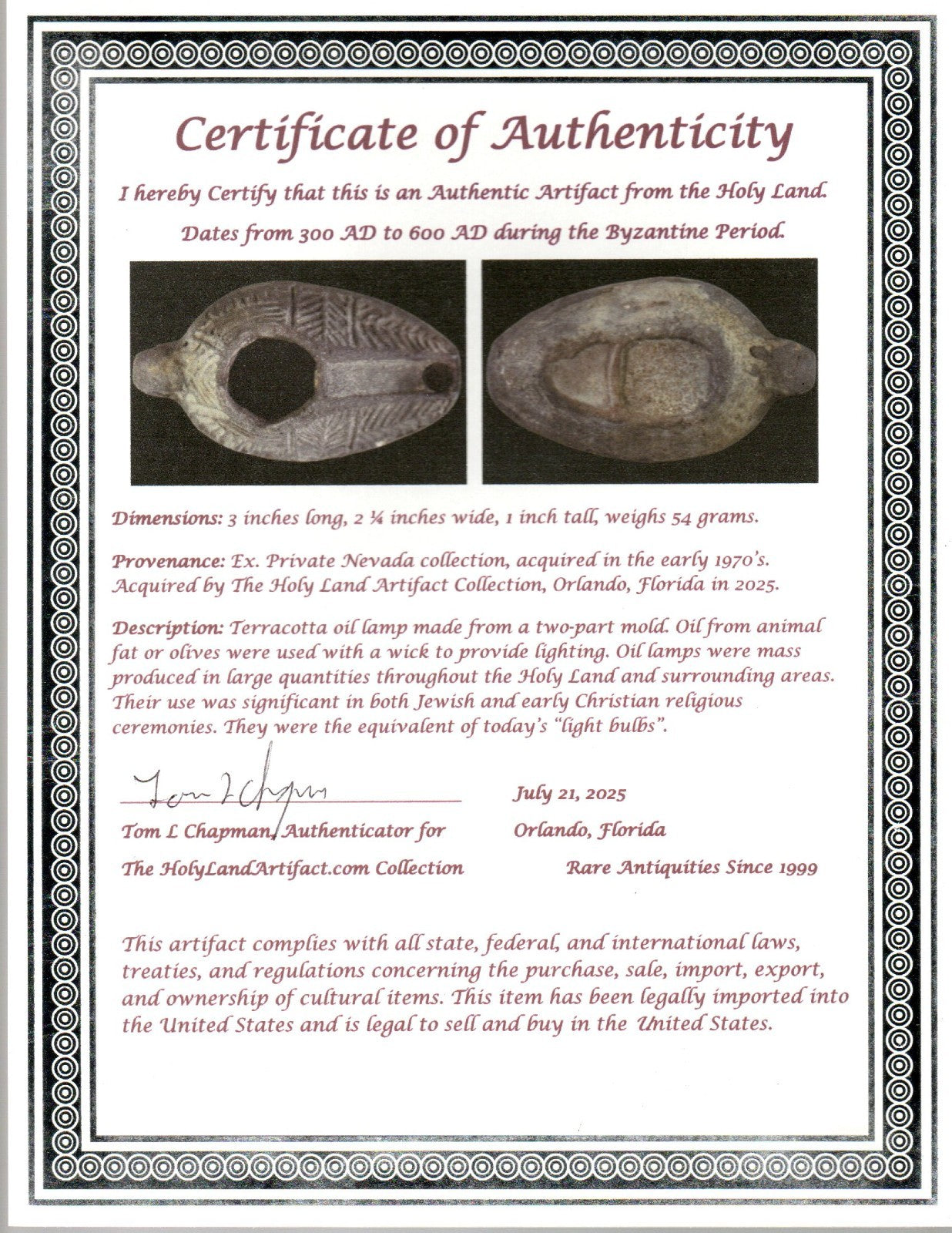 Oil Lamp Holy Land Ancient Artifact Jesus Christ Home Israel 300-600 AD COA 76