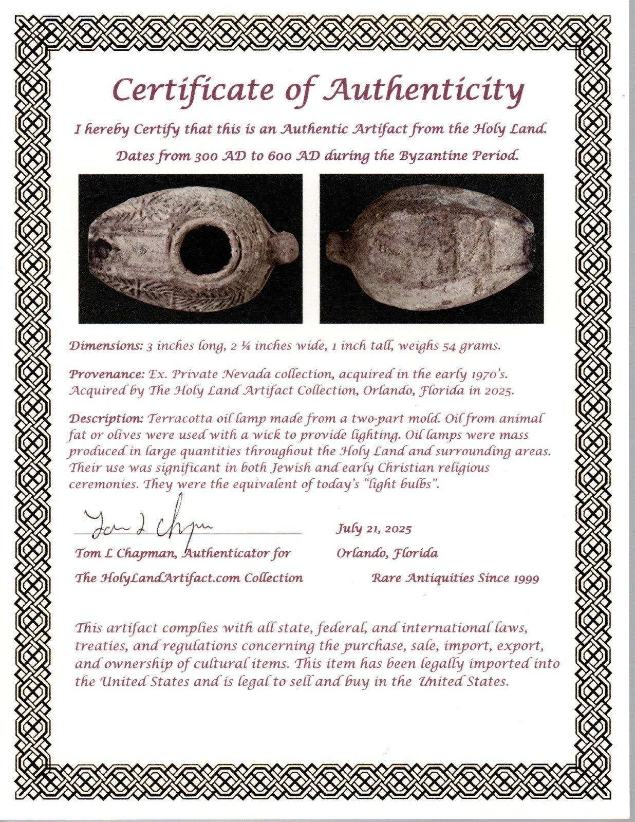 Ancient Holy Land Oil Lamp Artifact 2 Hidden Christian Crosses 300-600AD COA 111