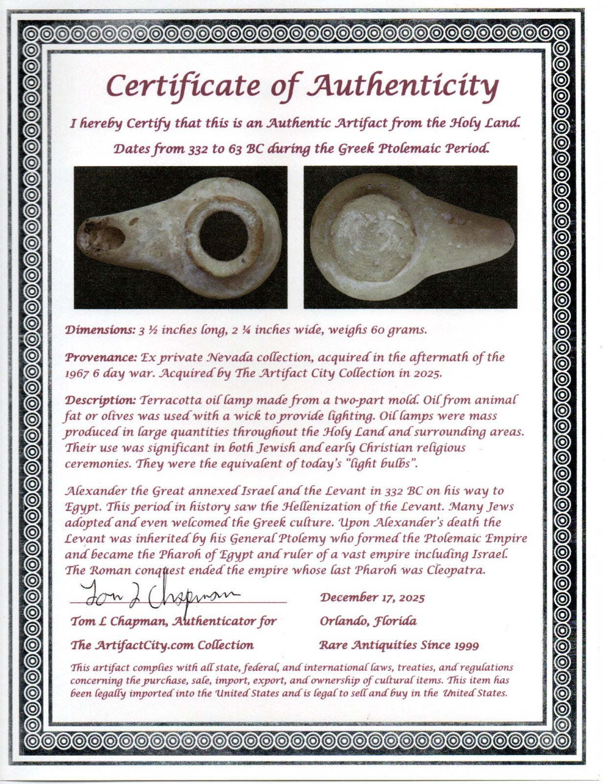 Holy Land Oil Lamp Ancient Artifact Alexander the Great Era 332-63 BC COA 229