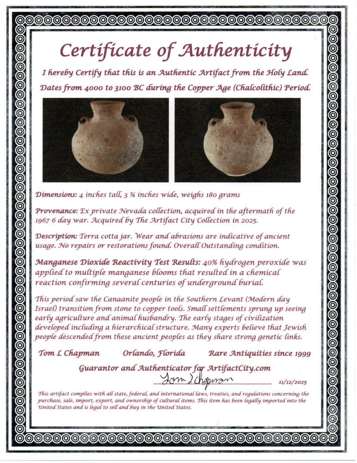 Time of The Canaanites Holy Land Artifact Ancient Jar 4000-3100 BC COA 104