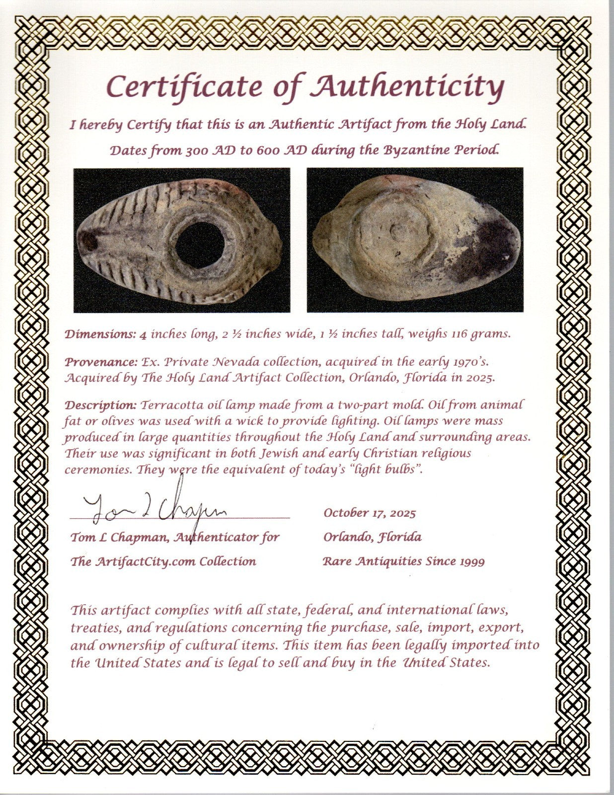 Oil Lamp Holy Land Ancient Artifact Jesus Christ Home Israel 300-600 AD COA 122