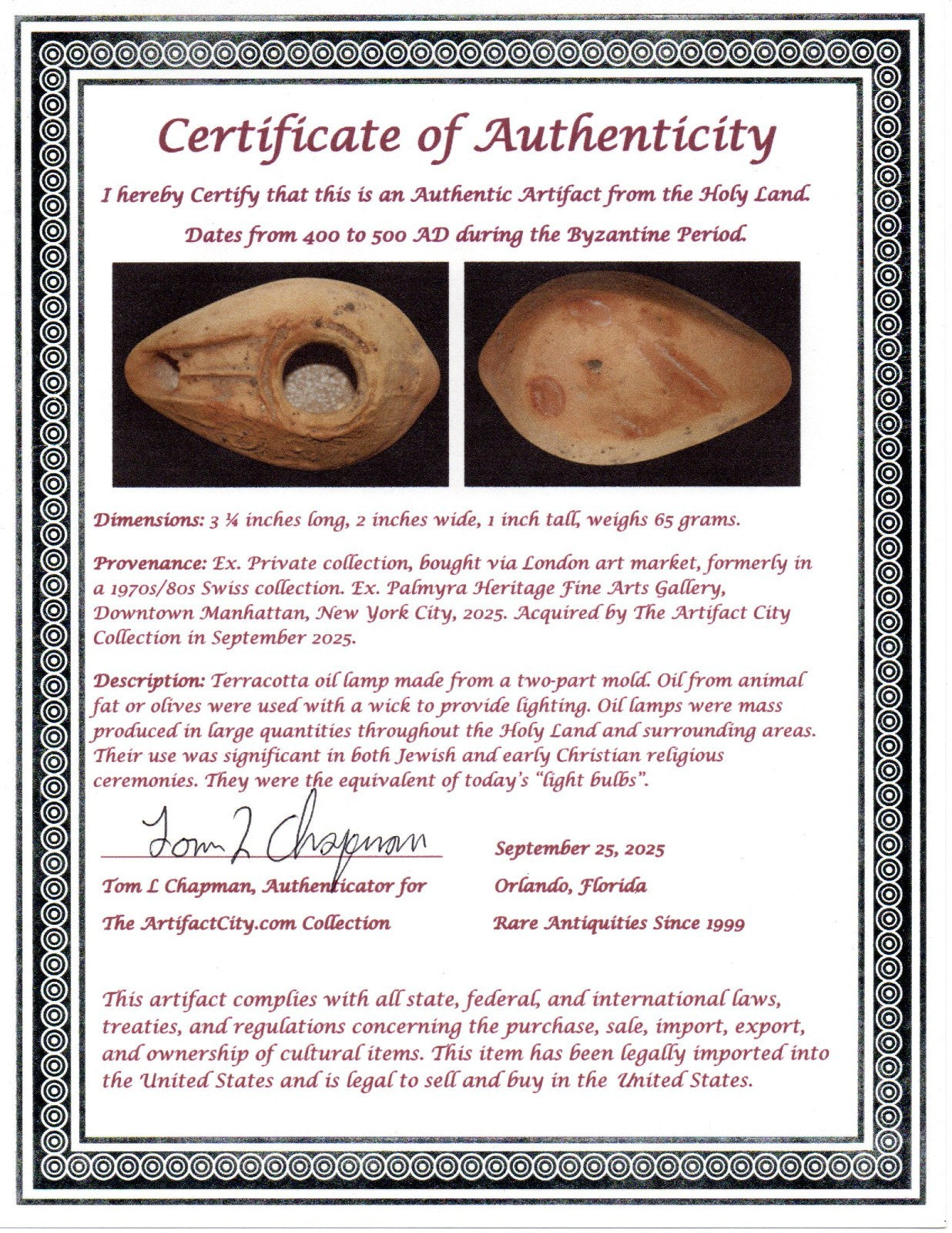 Ancient Holy Land Oil Lamp Artifact From Jesus Christ Homeland 400-500AD COA 32
