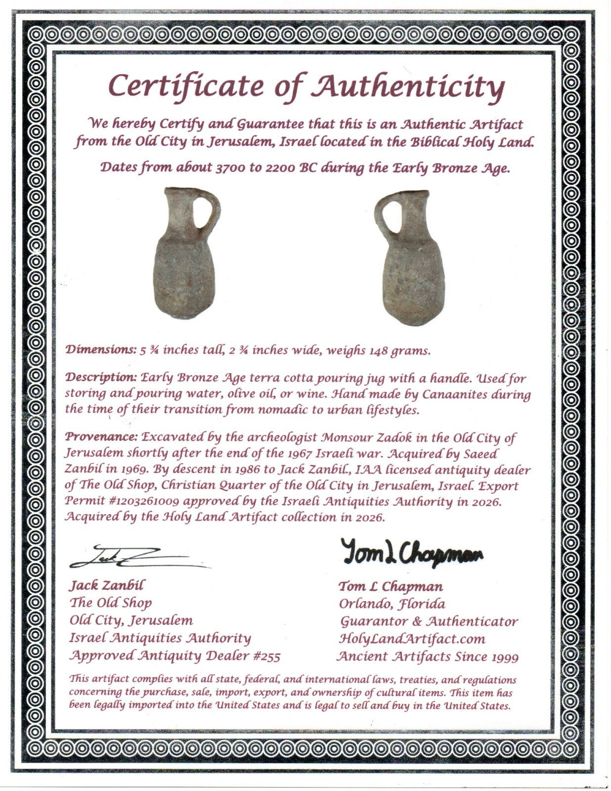 Early Bronze Age Holy Land Artifact Excavated In Jerusalem 3700-2200 BC COA Z03