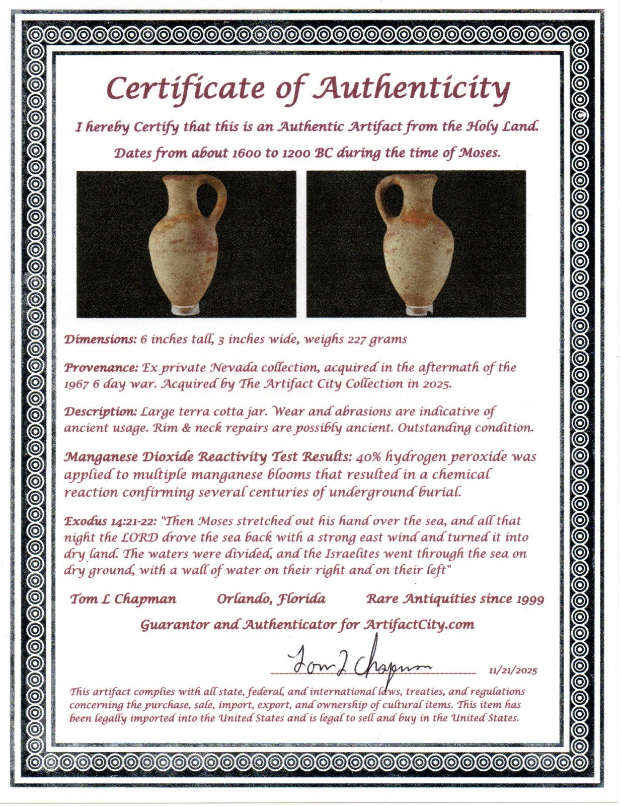 Time of Moses Holy Land Artifact Ancient 3500 Year Old Jug 1600-1200 BC COA 61