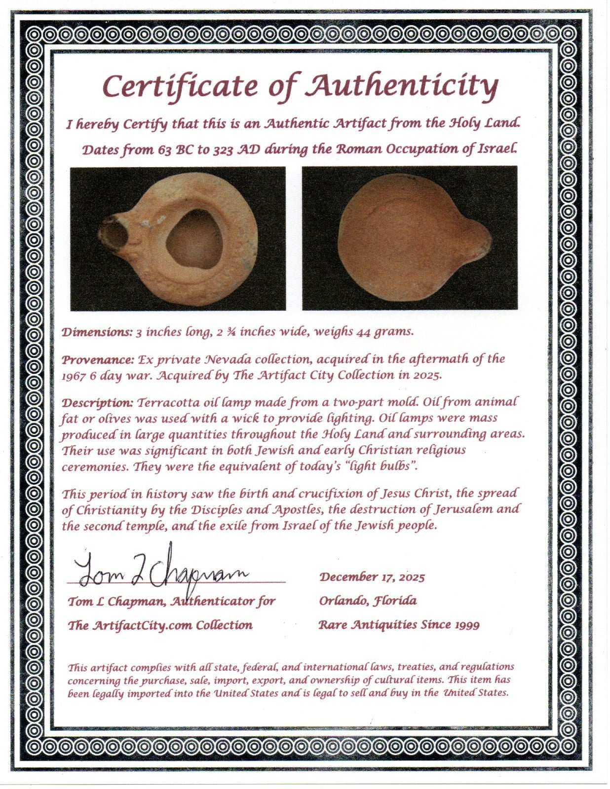Holy Land Oil Lamp Ancient Artifact Time of Jesus & Apostles 63BC-323AD COA 135