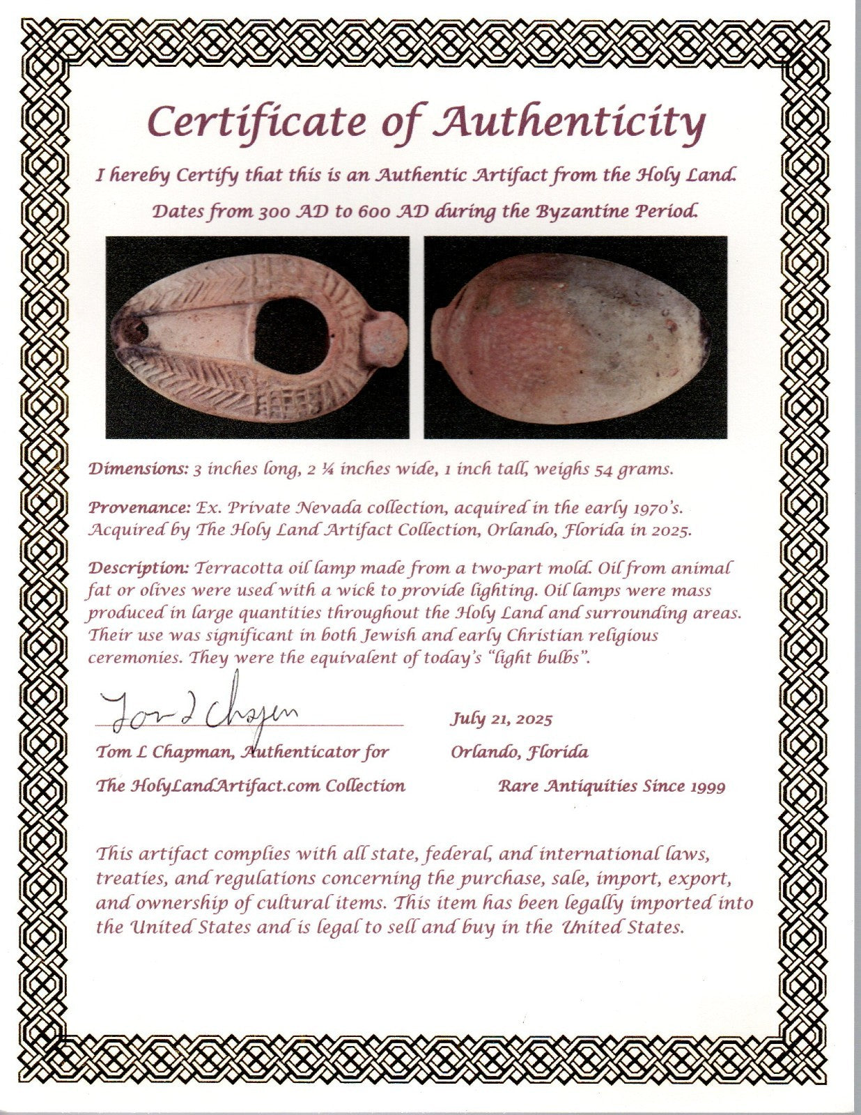 Oil Lamp Holy Land Ancient Artifact Jesus Christ Home Israel 300-600 AD COA 81