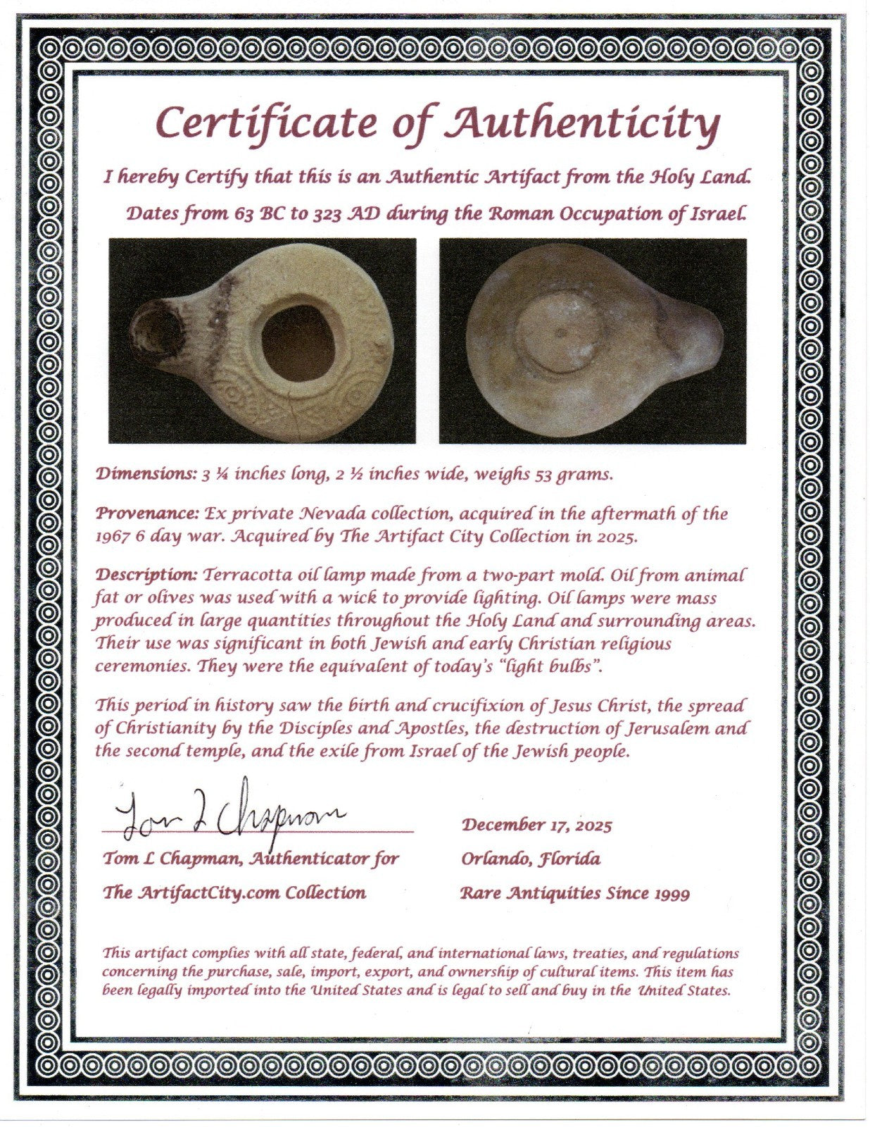 Holy Land Oil Lamp Ancient Artifact Time of Jesus & Apostles 63BC-323AD COA 163