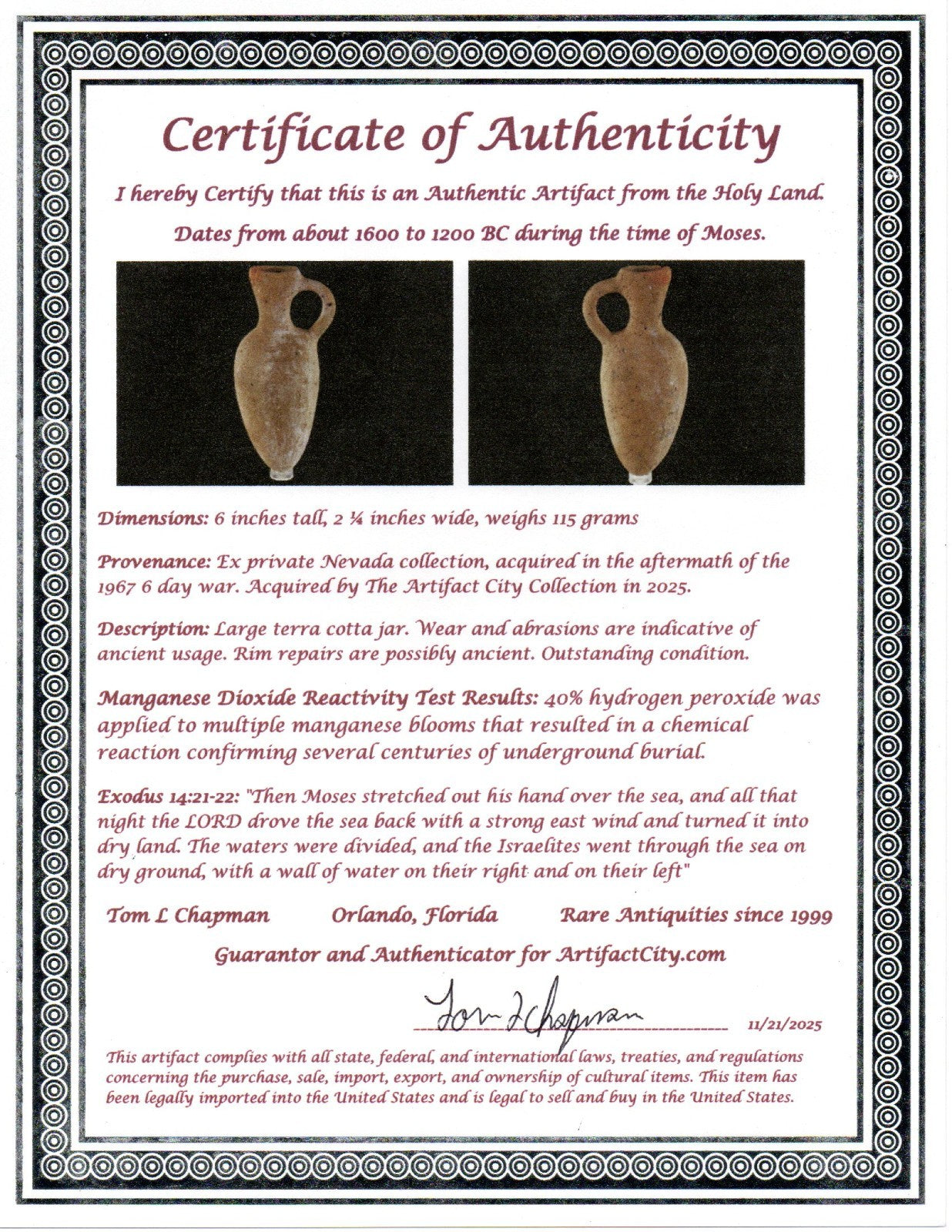Time of Moses Holy Land Artifact Ancient 3500 Year Old Jug 1600-1200 BC COA 64