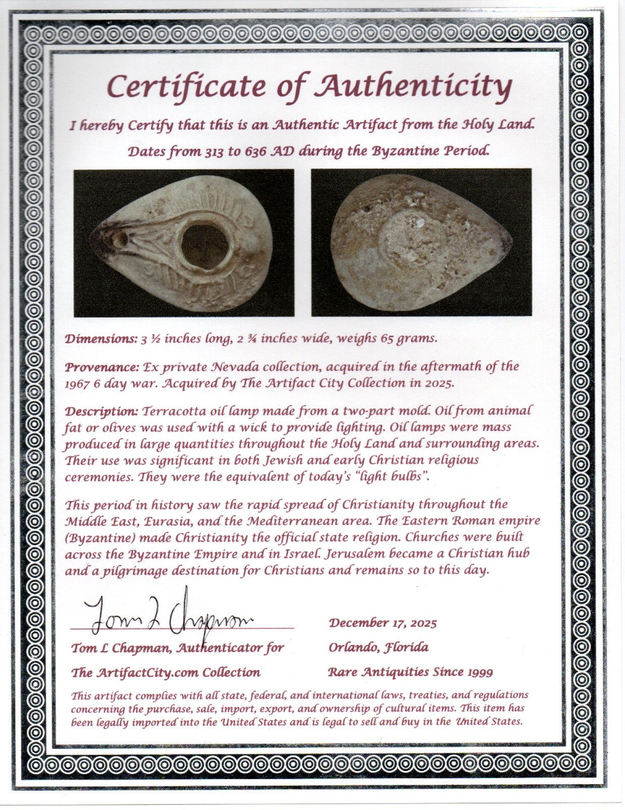 Holy Land Oil Lamp Ancient Artifact Time of the Christians 313-636 AD COA 187