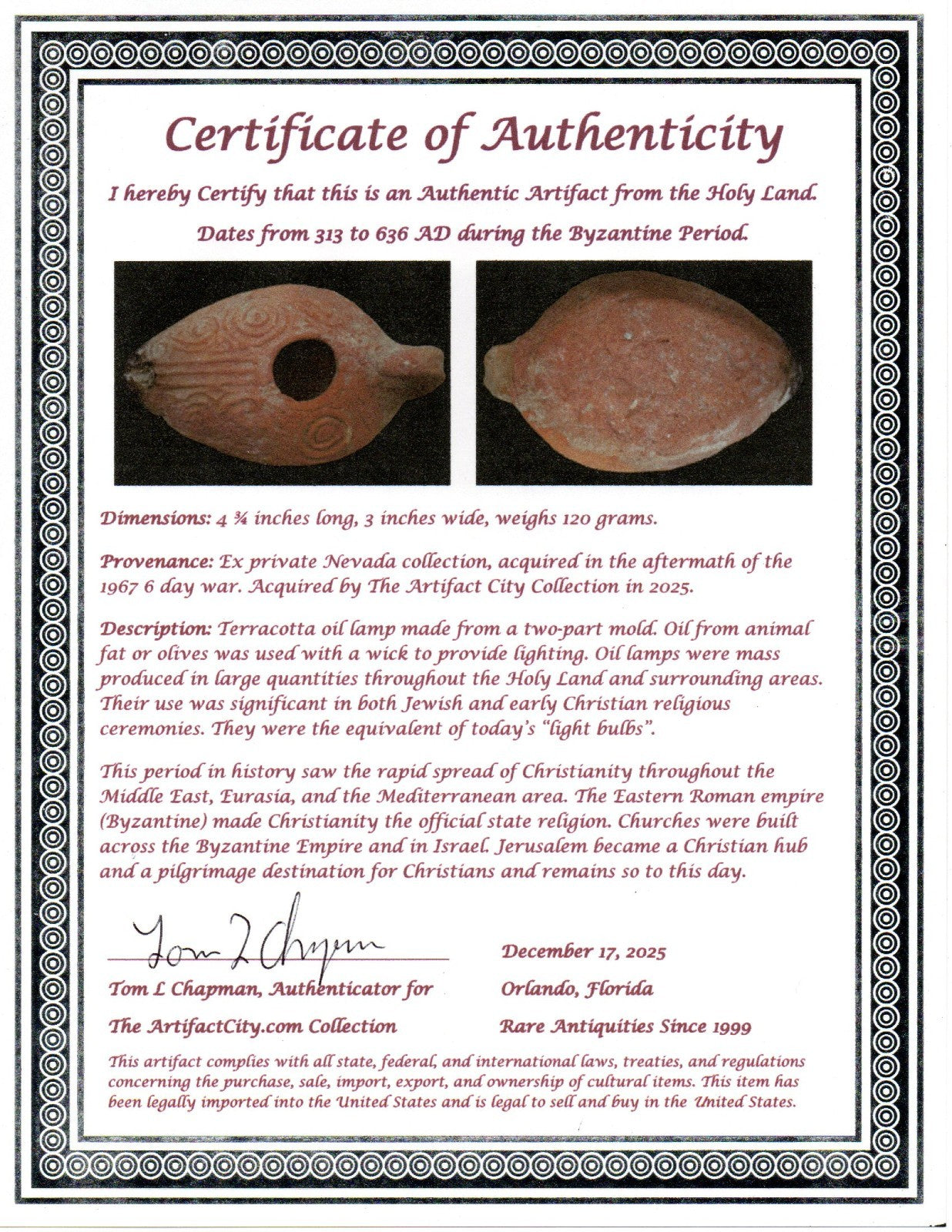 Holy Land Oil Lamp Ancient Artifact Time of the Christians 313-636 AD COA 203
