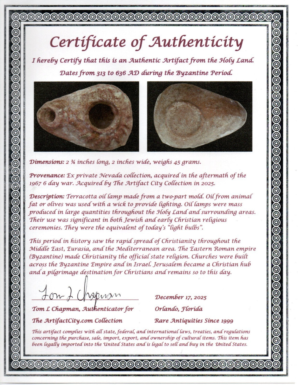 Holy Land Oil Lamp Ancient Artifact Time of the Christians 313-636 AD COA 202