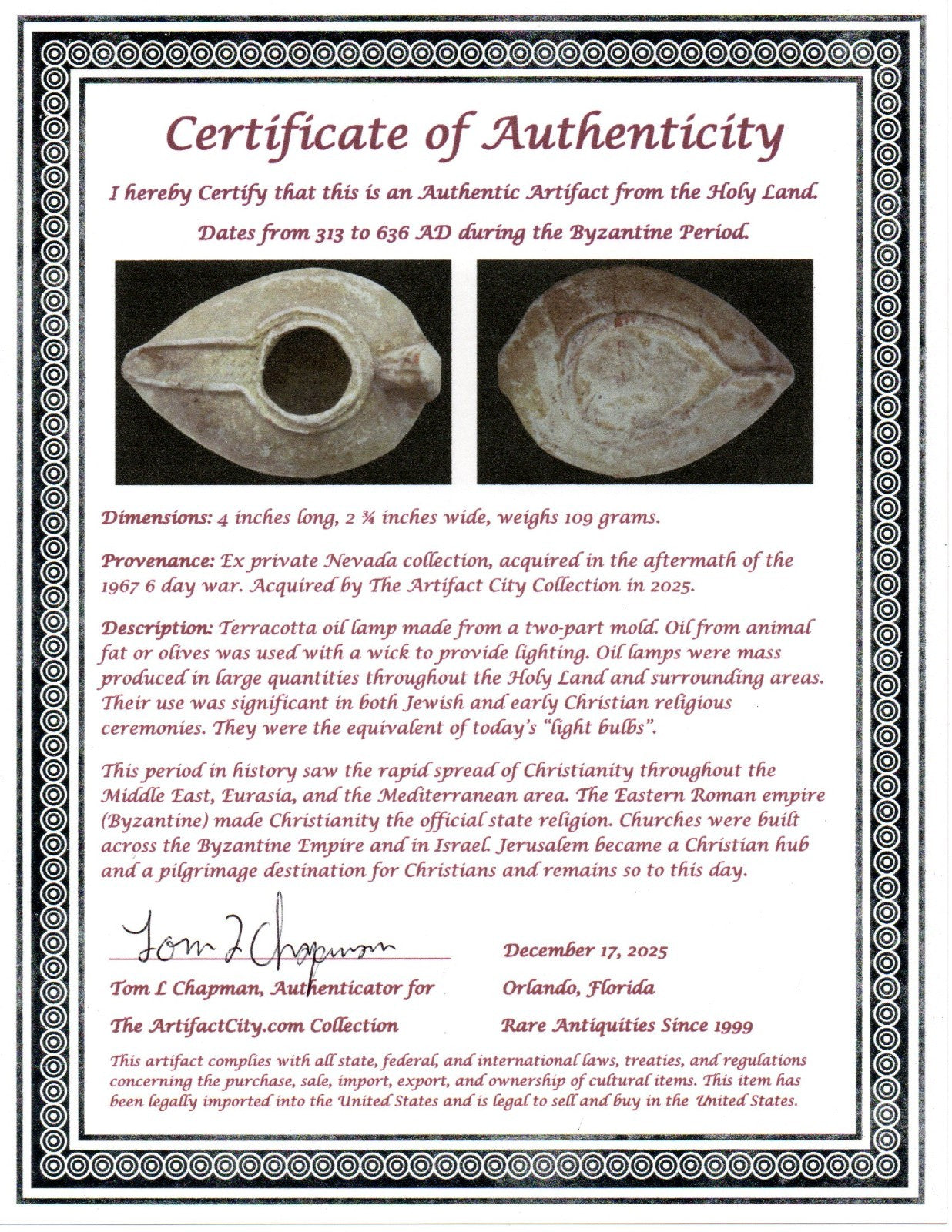 Holy Land Oil Lamp Ancient Artifact Time of the Christians 313-636 AD COA 213