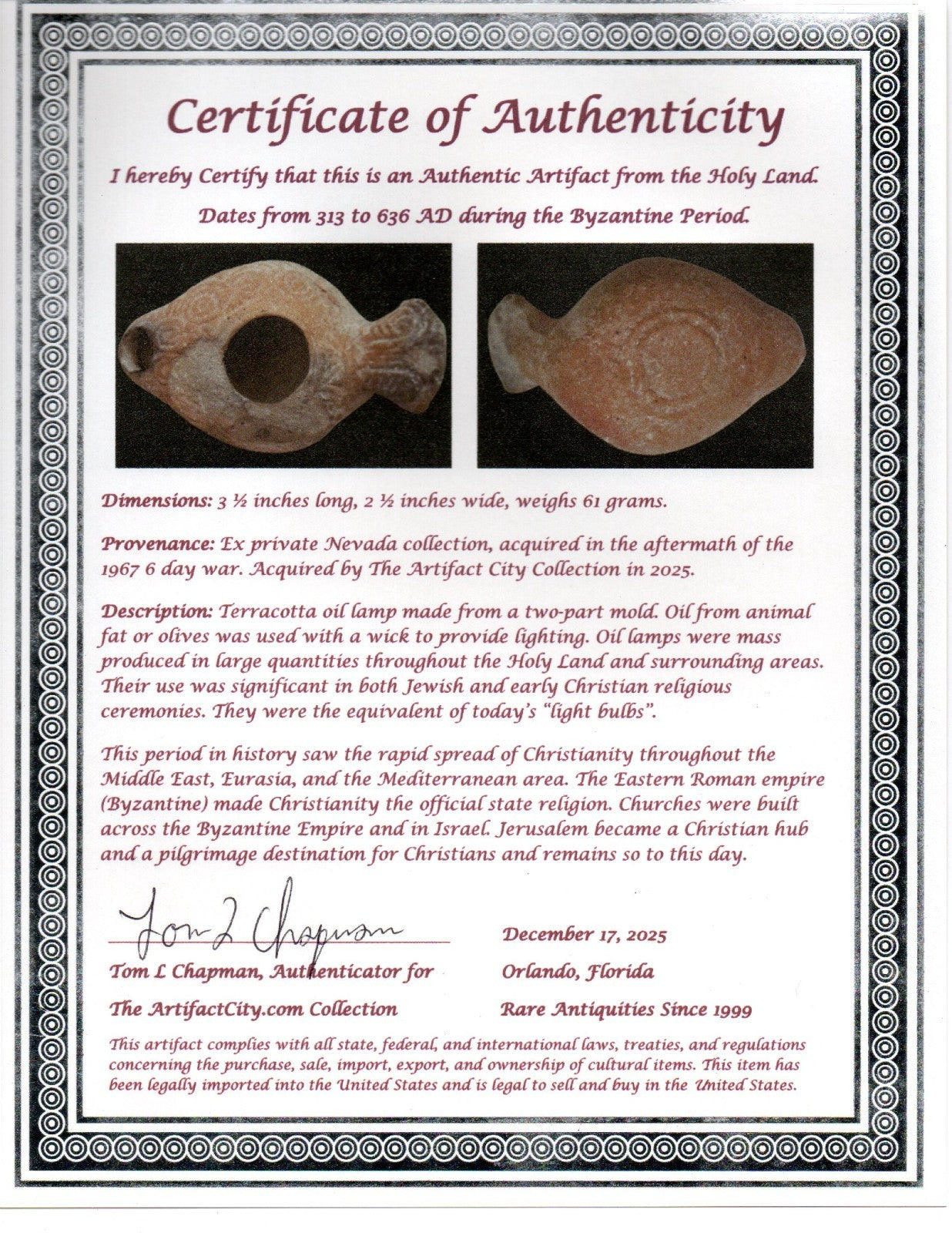Holy Land Oil Lamp Ancient Artifact Time of the Christians 313-636 AD COA 174