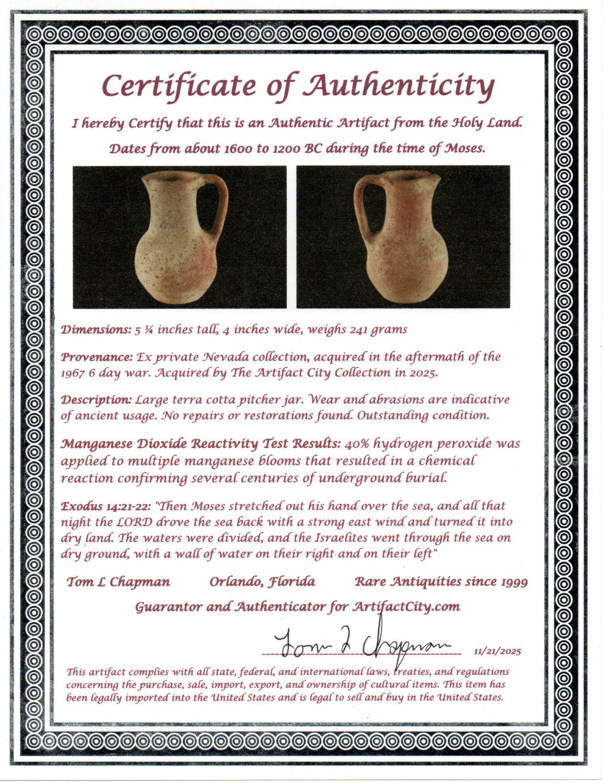 Time of Moses Holy Land Artifact Ancient 3500 Year Old Jar 1600-1200 BC COA 67