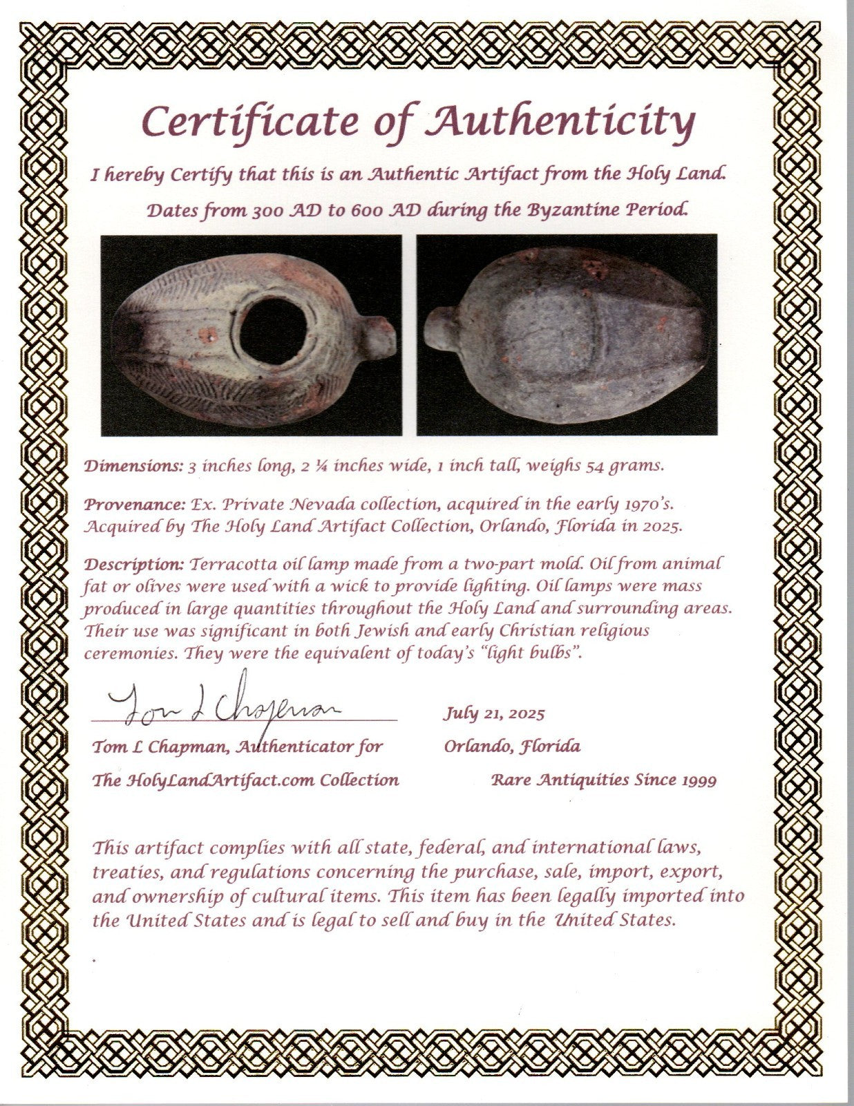 Oil Lamp Holy Land Ancient Artifact Jesus Christ Home Israel 300-600 AD COA 72