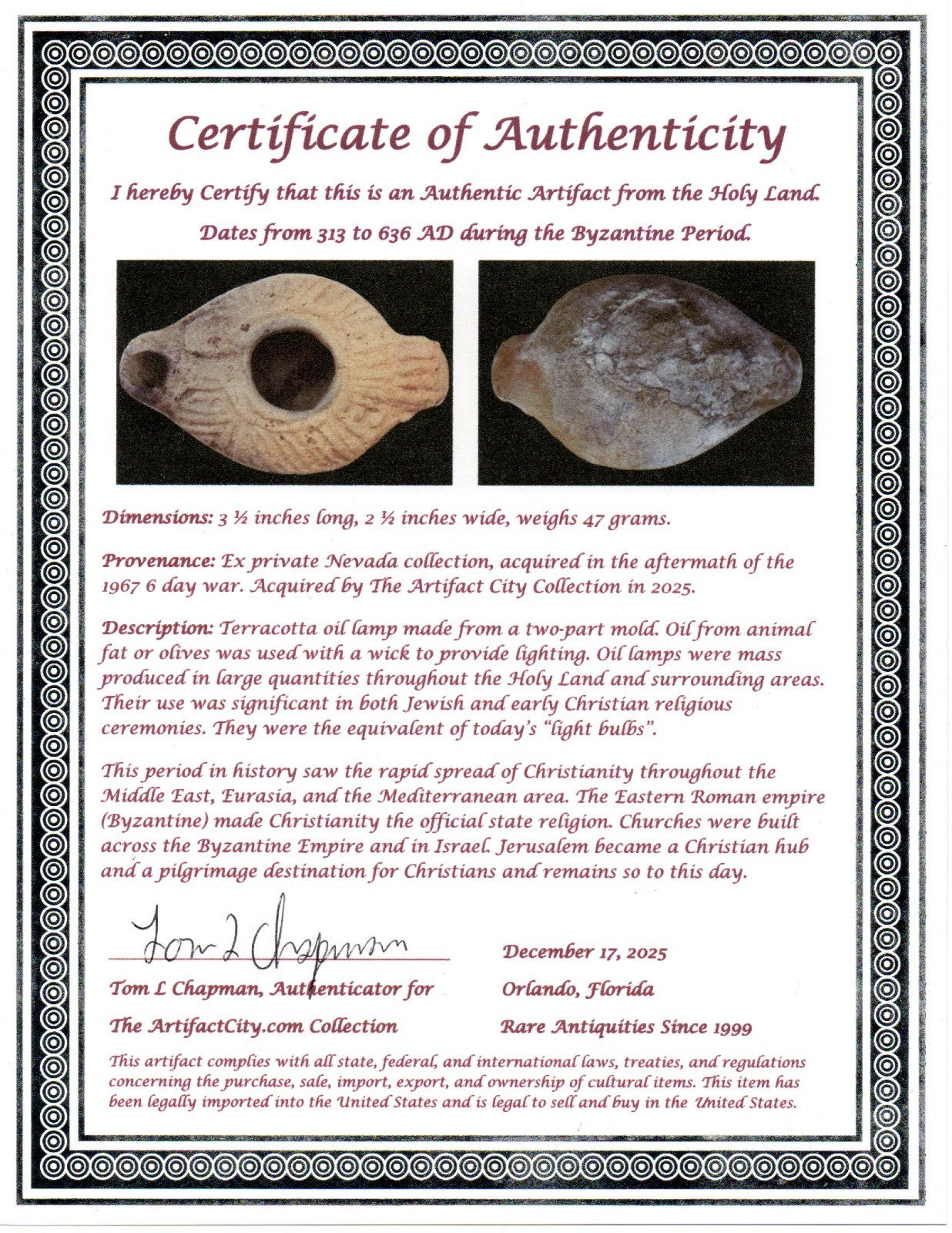 Holy Land Oil Lamp Ancient Artifact Time of the Christians 313-636 AD COA 173