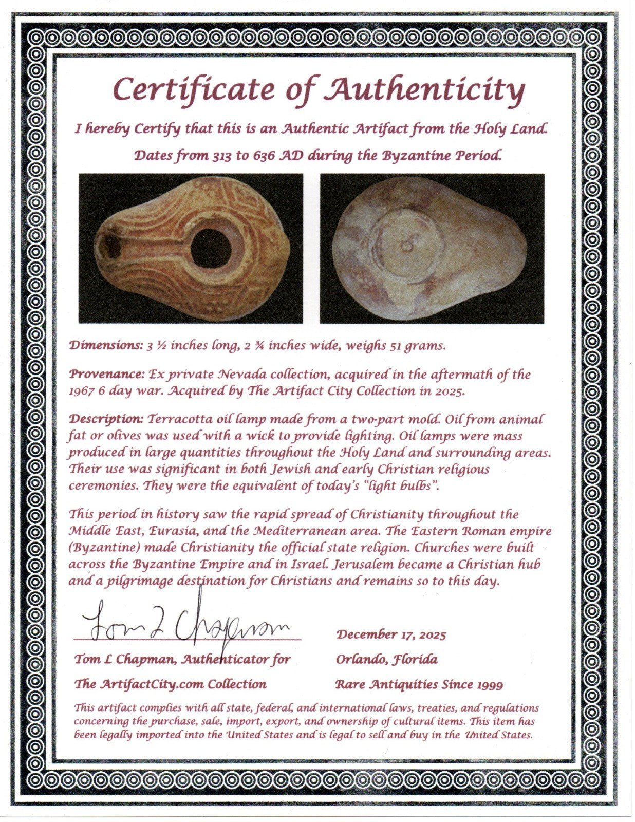 Holy Land Oil Lamp Ancient Artifact Time of the Christians 313-636 AD COA 172